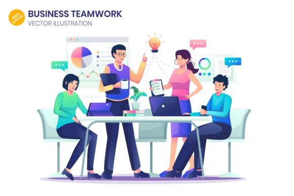 Strategic Visual Communication: Leveraging Business Teamwork Flat Illustration for Brand Clarity