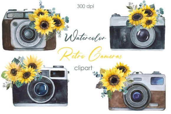 Vintage Watercolor Camera & Sunflower Art